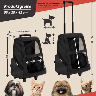 Транспортна сумка-тролей для собак і котів All Pets United, чорна, з телескопічною ручкою, рюкзак для перевезення домашніх тварин