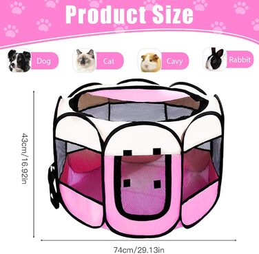 Складана переносна вольєр для цуценят та собак, 74x74x43 см, рожевий, 8 м. Водонепроникний вольєр для собак, котів та кроликів