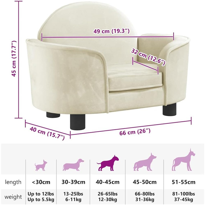 Крісло-ліжко для собак, м'яке ліжко для тварин, лежанка для маленьких собак та котів, оксамит, кремовий колір