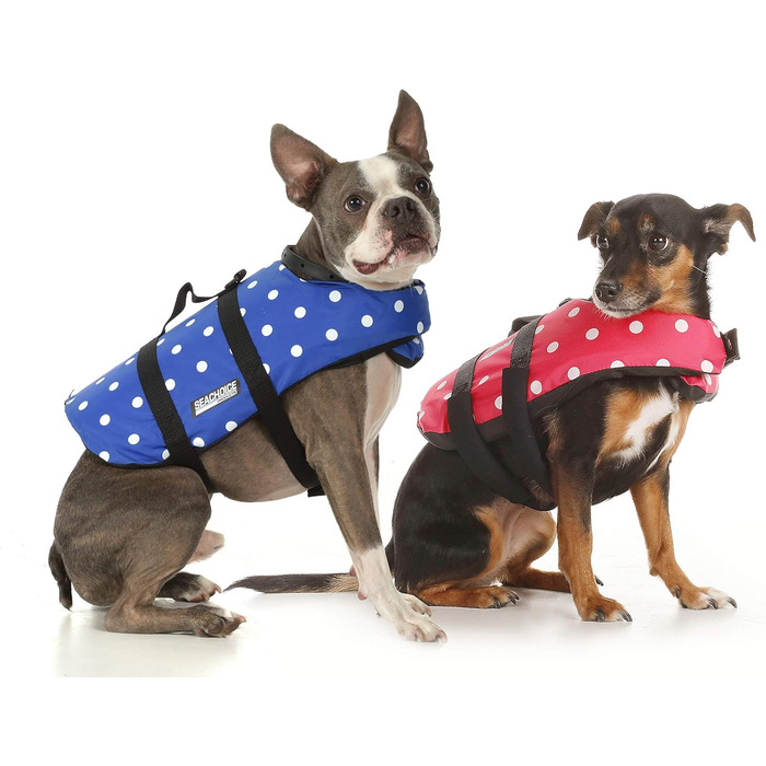 Жилет рятувальний для собак Seachoice 86260, розмір XXS (до 2,7 кг), блакитний у горошок, з ручкою