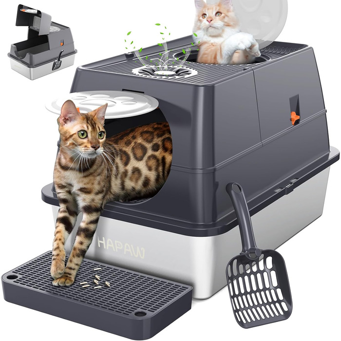Котячий туалет HAPAW з нержавіючої сталі з кришкою, велика закрита туалетна коробка для котів, 135° відкидний верх, з лопаткою та фільтром, герметична та без запаху