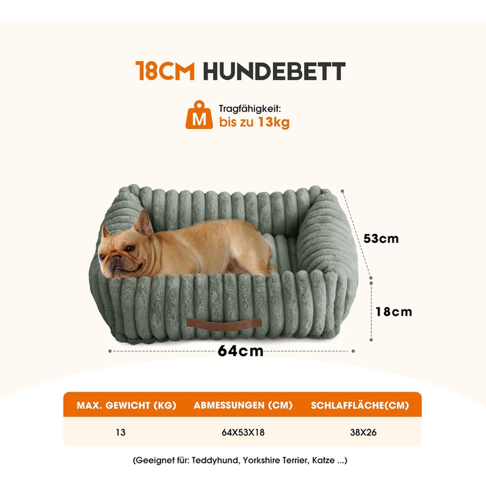 Ортопедичний лежак для собак та котів, лежанка для маленьких собак, з м'яким підголівником, знімний матрац, лежанка-софа з ручками (темно-сірий, 64x53x18 см) M, темно-сірий