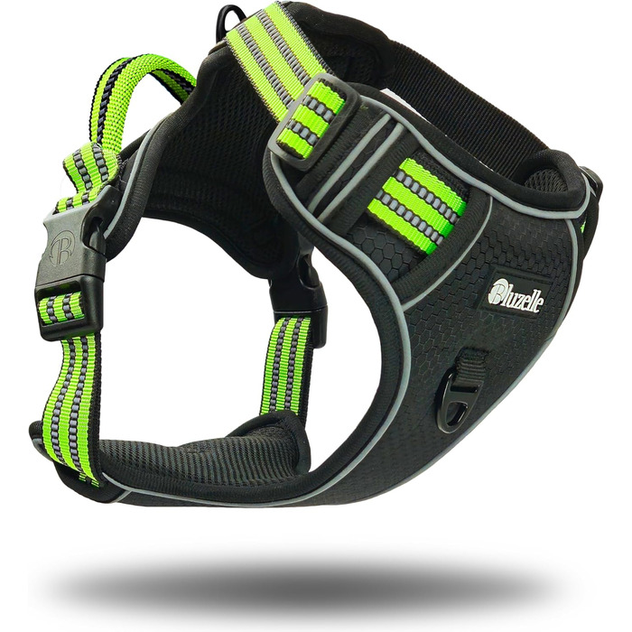 Шлейка для собак середніх порід Bluzelle з ручкою та кишенею для GPS-трекера, світловідбиваюча, дихаюча, зелена (L, чорний 3)