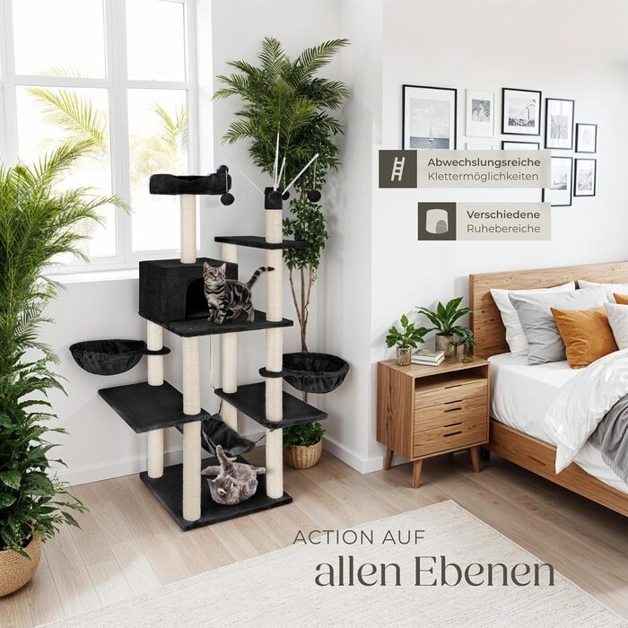 Дерево для котів tectake® XXL, велике, з аксесуарами: лежанки, гамак, будиночок, іграшки, мотузка, стійка для дряпання, висота 165 см, чорний