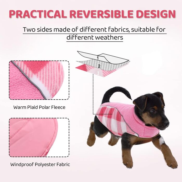 Теплий зимовий одяг для собак, зимовий одяг для собак з захистом живота, зимовий одяг для собак з світловідбиваючими елементами, двосторонній одяг для собак, одяг для собак з отвором для шлейки, рожевий, M (Medium), рожевий