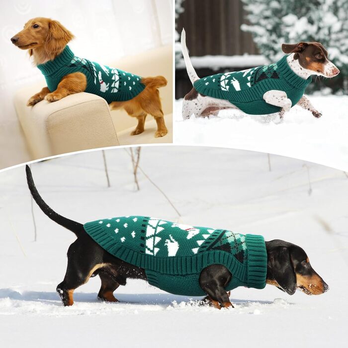 Пуловер для собак Лелепет для такс, в'язаний пуловер з малюнком такси, теплий пуловер з високим коміром, зимовий пуловер для великих собак, зелений XL