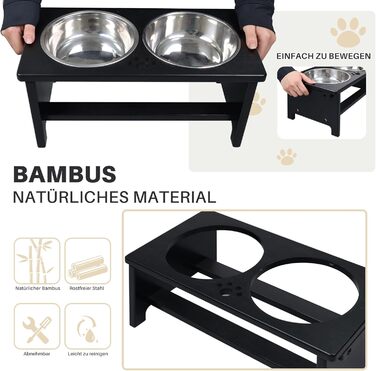 Підвищені годівниці для собак HTB, бамбук, з 2 мисками з нержавіючої сталі, 44x24x18 см, 18 см висота, чорний колір
