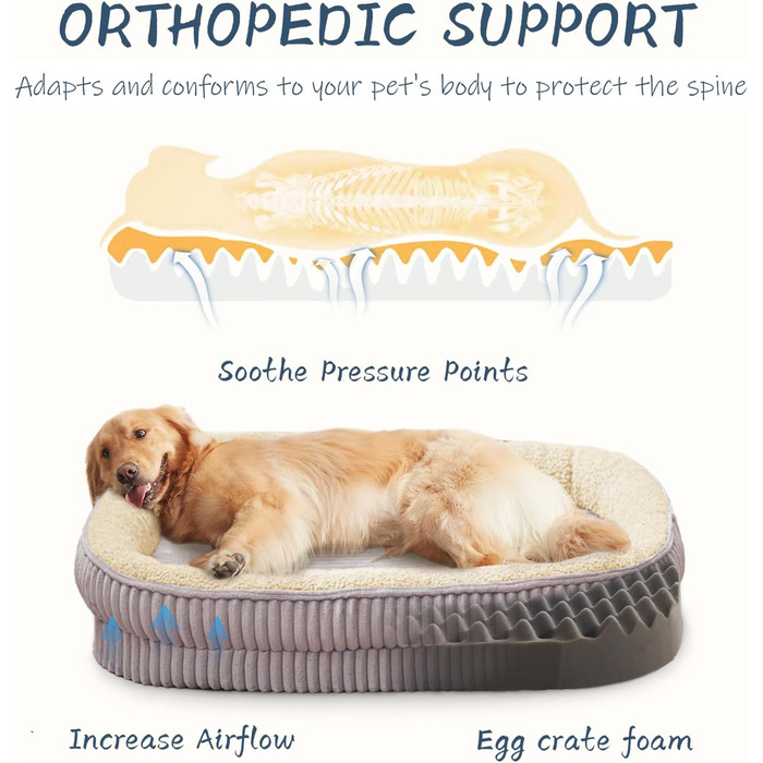 Ортопедичне собаче ліжко для середніх порід, м'яке диван-ліжко для собак, овальне, з підголовником, знімний чохол, 76x61x16 см, сірий колір