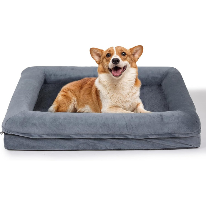 Велике собаче ліжко, водовідштовхувальне, ортопедичне, знімний, пральний чохол, неслизьке дно, котяче ліжко з піною з пам'яті для зменшення тривоги, преміум-фланель, 91x68x16 см, темно-сірий