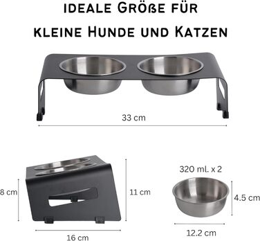 Підставка для корму PETLINUS для котів, піднята годівниця, ергономічна миска для котів, миска для котів з нержавіючої сталі та металу, годівниця для котів та маленьких собак (Чорний - Нахилена)