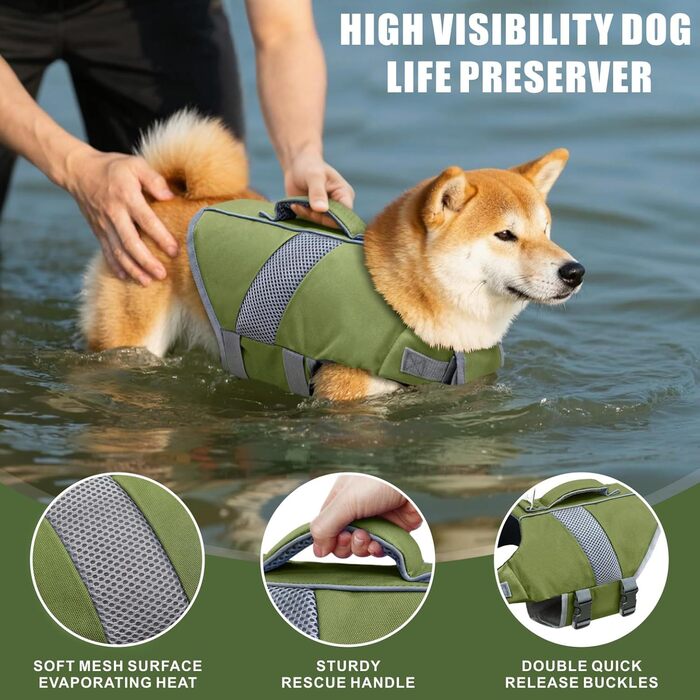 Рятувальний жилет для собак з високою плавучістю, світловідбиваючий, для плавання, катання на човні, серфінгу, каякінгу. Підходить для собак маленьких, середніх та великих порід. Зелений колір.
