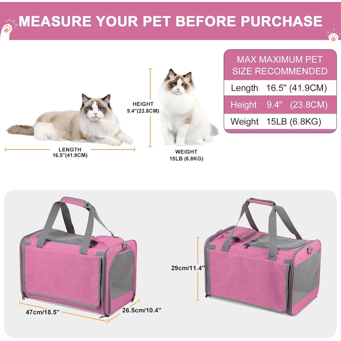 Транспортна сумка для котів та собак Qoosea, складана переноска для тварин з регульованим ремінцем, сітчаста переноска для кошенят та маленьких собак, для дому та подорожей (рожева)
