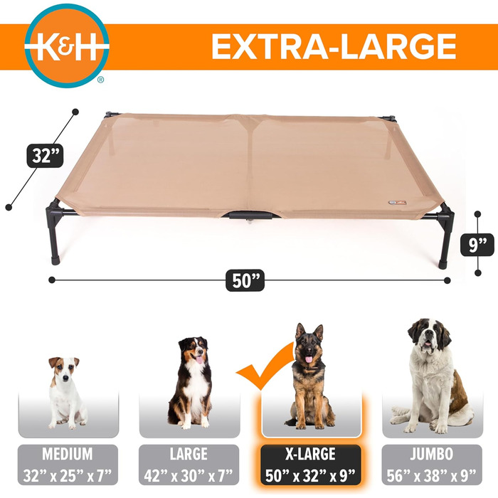 Підвищене собаче ліжко K&H Pet Products для вулиці, дихаюче, охолоджуюче, гамак для великих собак XL, знімний мережевий чохол, міцний металевий каркас, складане, портативне (127 x 81 x 23 см, світло-коричнева сітка для всіх сезонів)