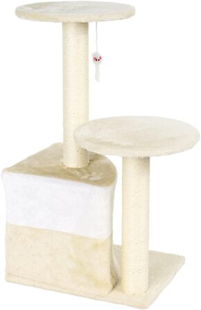 Дряпалка для котів Wiltec бежевого кольору, 71 см, з двома платформами, гніздом та іграшкою, кігтеточка-вежа для котів