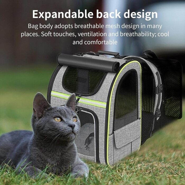 Рюкзак для котів | Переноска для собак, рюкзак для домашніх тварин, розширюваний, дихаючий, складаний, для подорожей, піших прогулянок, транспортування, сірий з зеленими вставками