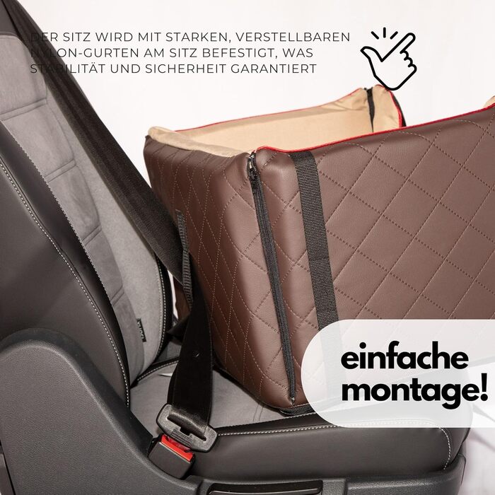 Транспортна переноска для собак Golden Dog з кріпленням на ремінь безпеки, 65x53x27 см, колір коричневий. Імітація шкіри, водовідштовхувальна, складна, підходить для автомобіля.