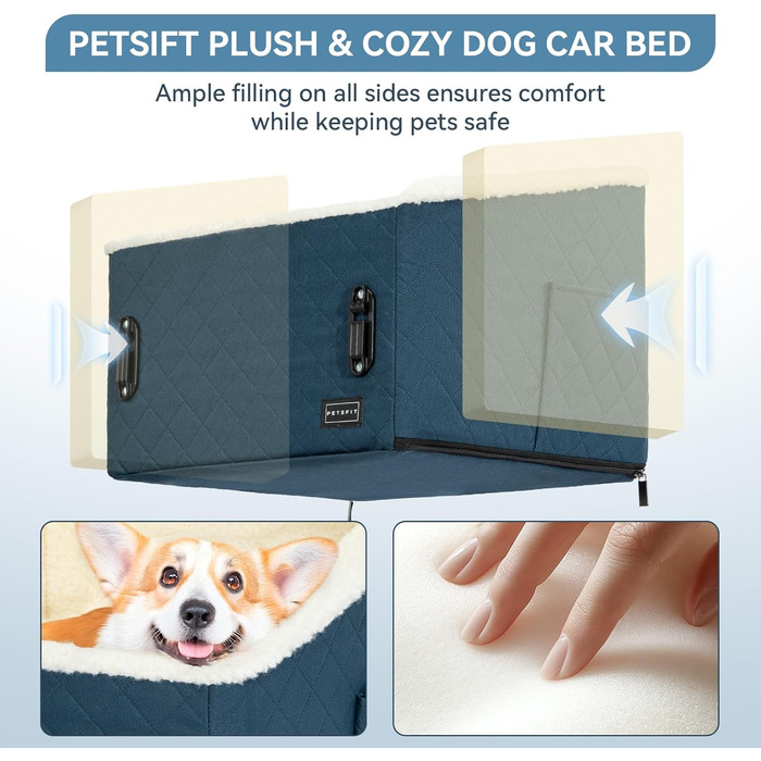 Автомобільний лежак для собак PETFIT, 12.5 см, блакитний, до 12 кг, з підкладкою