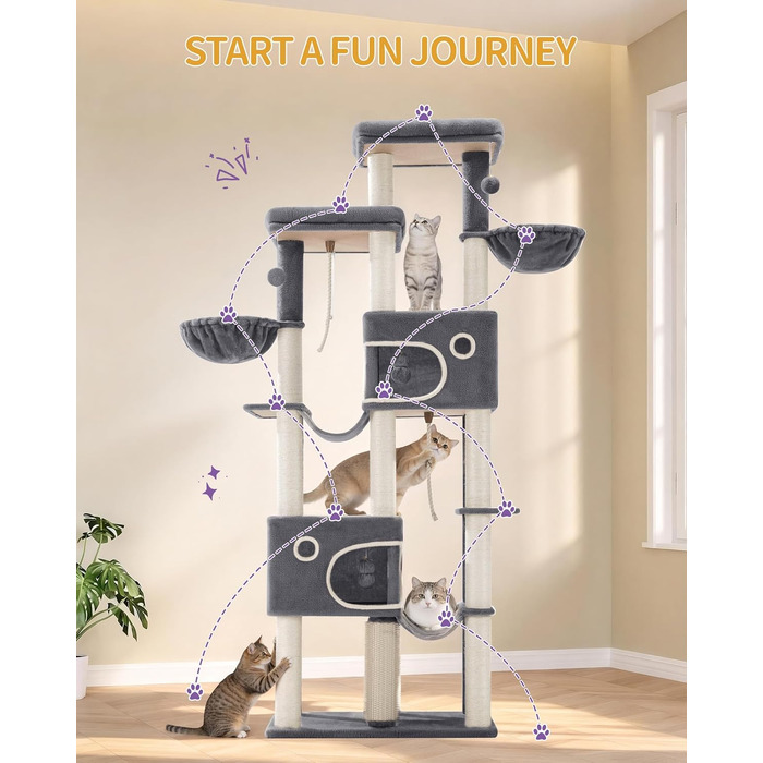 Комплекс для котів Hzuaneri Kratzbaum 213 см XXL: Дряпка-стовпчик, будиночок, платформа, гойдалка для Maine Coon (темно-сірий)