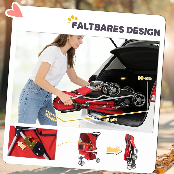 Складаний візок для собак (buggy) з кошиком, подушкою, сітчастим вікном та підстаканником для малих порід до 10 кг, червоний