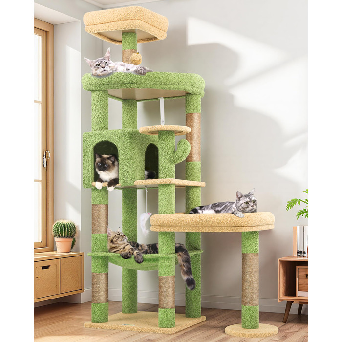 Комплекс для котів Globlazer Kratzbaum 165 см для великих котів: будиночок, платформа 48x42 см, гамак, стовпчики, стійкий, зелений