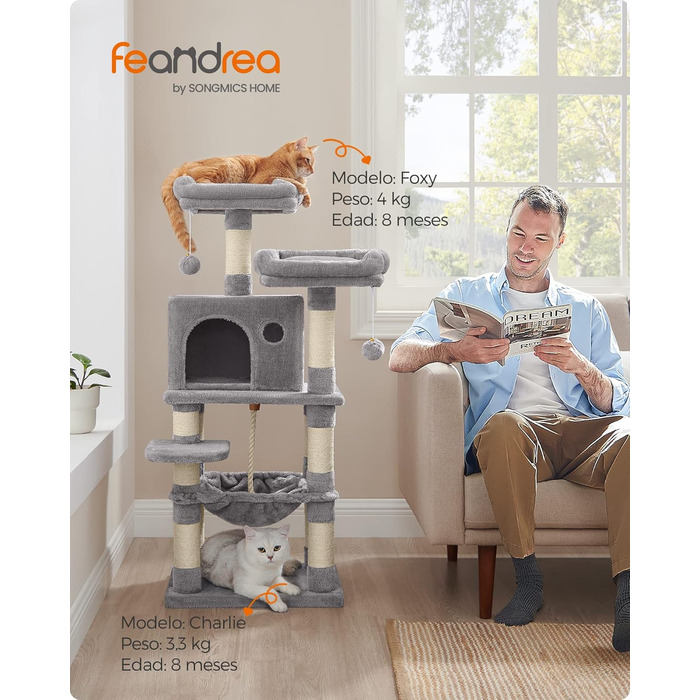 Котячий комплекс Feandrea 112 см, 11 стовпчиків, 2 платформи, будиночок, гамак, іграшки, плюш, багаторівневий, світло-сірий