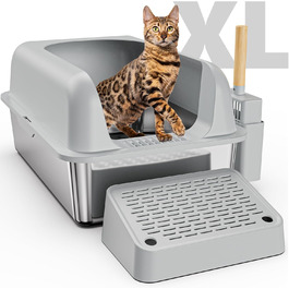 XL лоток для котів з нержавіючої сталі з кришкою, велика металева туалетна коробка для великих котів з високими стінками, захист від розбризкування та протікання