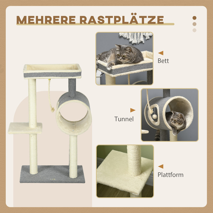 PawHut Cat Tree 104 см Cat Tree з котячою печерою, Кігтеточка для кішок з ігровим м'ячем, Cat Tree з 2 лежачими поверхнями, Лазіння по дереву для кішок до 5 кг, Меблі для кішок, Сизаль, Сірий | Аосом