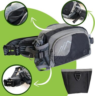 Сумка для собак на пояс з кишенею для ласощів та 2 тримачами для пляшок води, легка сумка для годування собак з дозатором для фекалій, поясна/стегнова сумка регульована, 2-в-1 для прогулянок, тренувань, походів, чорна