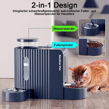 Автоматична годівниця та поїлка Gardner Pet для котів і собак, 2 миски, гравітаційний дозатор корму та води, без електрики, BPA Free, з нержавіючої сталі, 2×3л, синя