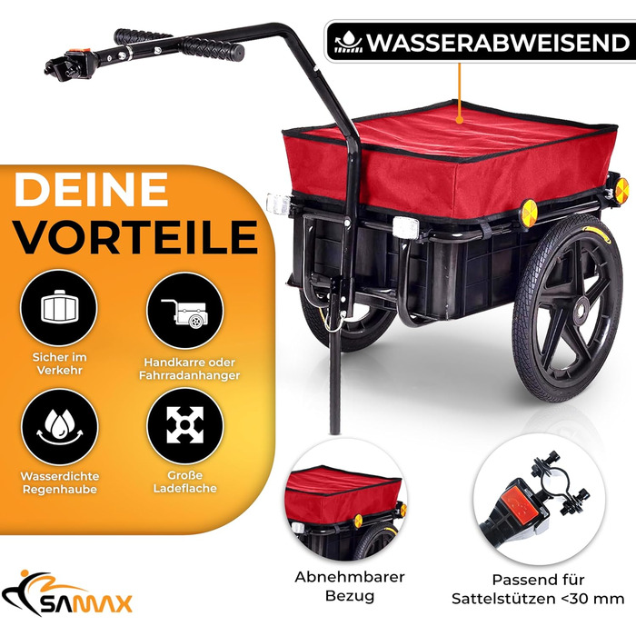 Причіп для велосипеда SAMAX 90 літрів, 80 кг, з кулею, захисною плівкою та з'єднувальною шкірою - причіп для велосипеда, вантажний візок з пластиковою ванною, чорний. Mountain (70л / 60кг, червоний)