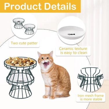 Набір мисок для котів Voittozege 2 шт., підняті миски, проти блювоти, миски для корму котів, зручні для вусів, з металевим підставкою, захищають хребет, для комфорту котів