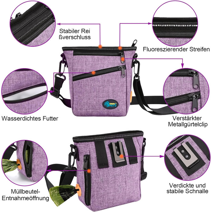 Сумка для ласощів Ownpets для собак, навчальна сумка, сумка для печива, мішок для відходів, складаний миска, регульований ремінь, поясний ремінь та кліп, (фіолетовий)