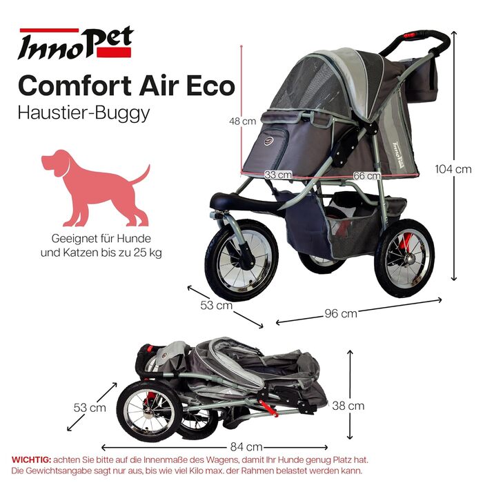 Візок для собак Innopet Comfort Air Eco чорного/срібного кольору – візок для собак/кішок з 30см повітряними колесами, складається однією рукою, підходить для лісових стежок – світловідбиваючі смуги, органайзер, перероблений нейлоновий матеріал (сірий)