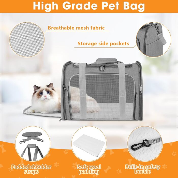 Транспортна сумка для кота та собаки, 45x30x30 см. Зручна переноска для кота та середнього собаки, складана та дихаюча, для подорожей на авто