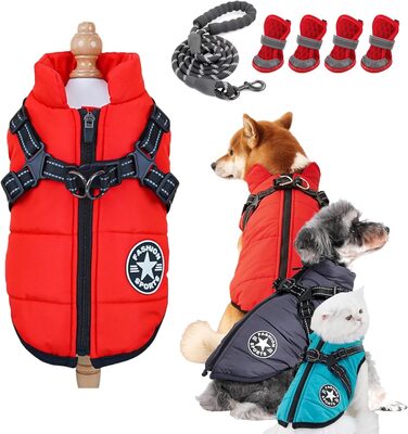 Зимовий теплий одяг для собак Furry King: куртка 3-в-1, непромокаєма, з блискавкою для маленьких, середніх та великих собак/котів (Червоний/Подорож, однотонна (Getaway Solids), S)