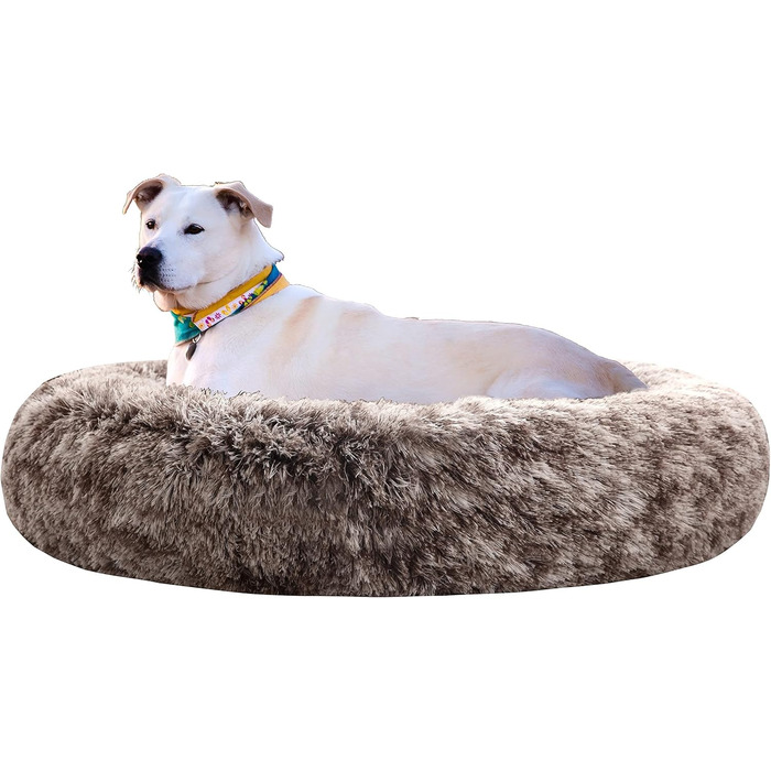 Крісло-лежанка для собак XXL, кругле, знімний, пральний чохол, анти-тривожне, штучне хутро, м'яке, комфортне, пухнасте ліжко для тварин (100 см), велике - 100 см (дуже велике - 115 см, коричневе)