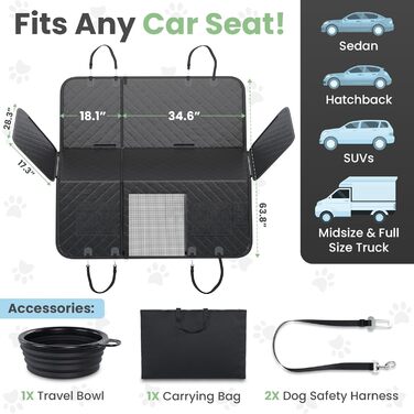 Захисний чохол на сидіння автомобіля для собак, 63.8 x 52.7 см, з ременями безпеки та мискою