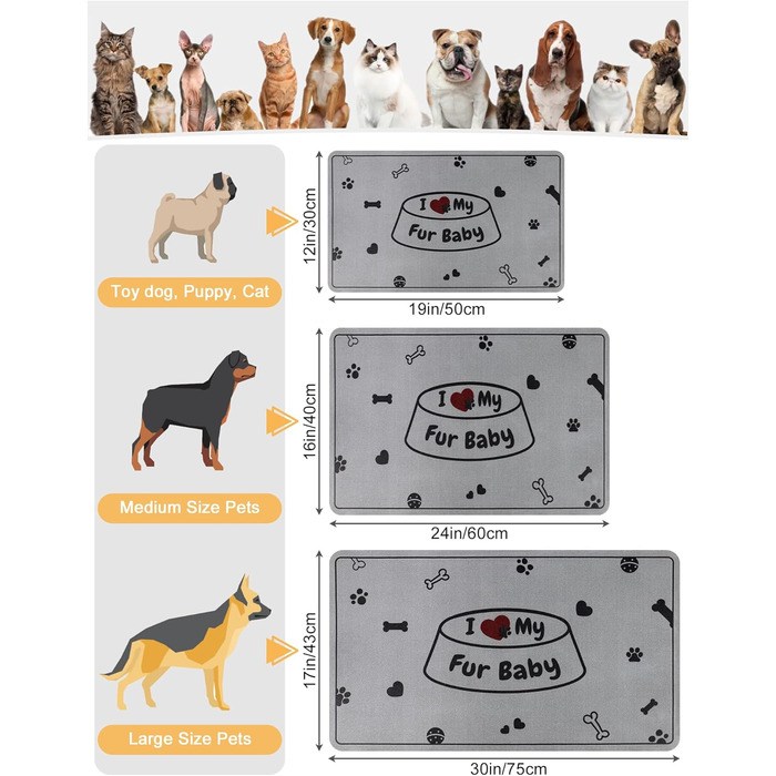 Килимок під миску для собак та котів, сірий, 30x50 см, з принтом 'I love my fur Baby'
