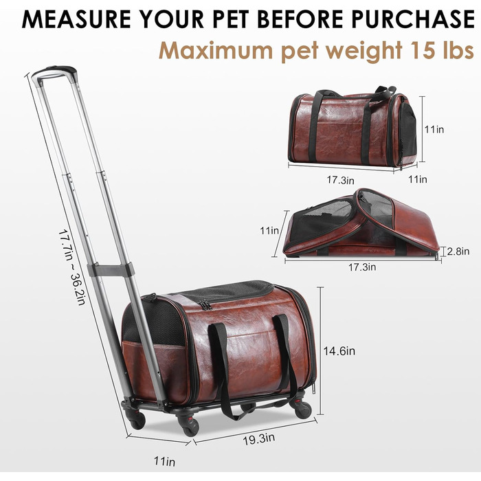 Сумка-переноска для тварин з екошкіри на колесах, для собак та котів до 6,8 кг, схвалена авіакомпаніями, для подорожей, кемпінгу та кав'ярень