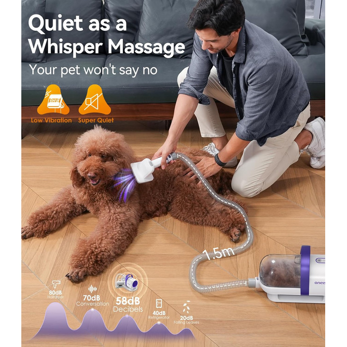 Пилголом для собак Oneisall з щіткою, потужність 12000Pa, видалення шерсті тварин, 4 насадки, об'єм 1.5л, фіолетовий