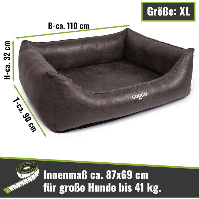 Ортопедичне собаче ліжко для великих собак, XXL, з антиковзким покриттям, корзина для собак з штучної шкіри, м'яке ліжко для собак, собаче ліжко чорного кольору 110 x 90 см, розміри 110 x 90 x 35 см, антиковзне покриття