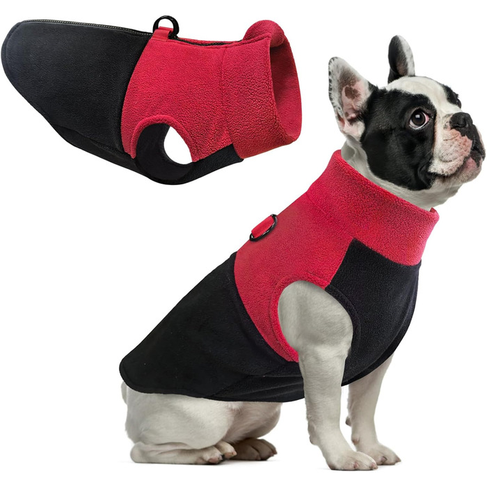 Тепла флісова жилетка для собак Idepet з блискавкою та кільцем для повідка, для холодного зимового періоду, для маленьких та середніх собак (Червоний/Чорний, L)