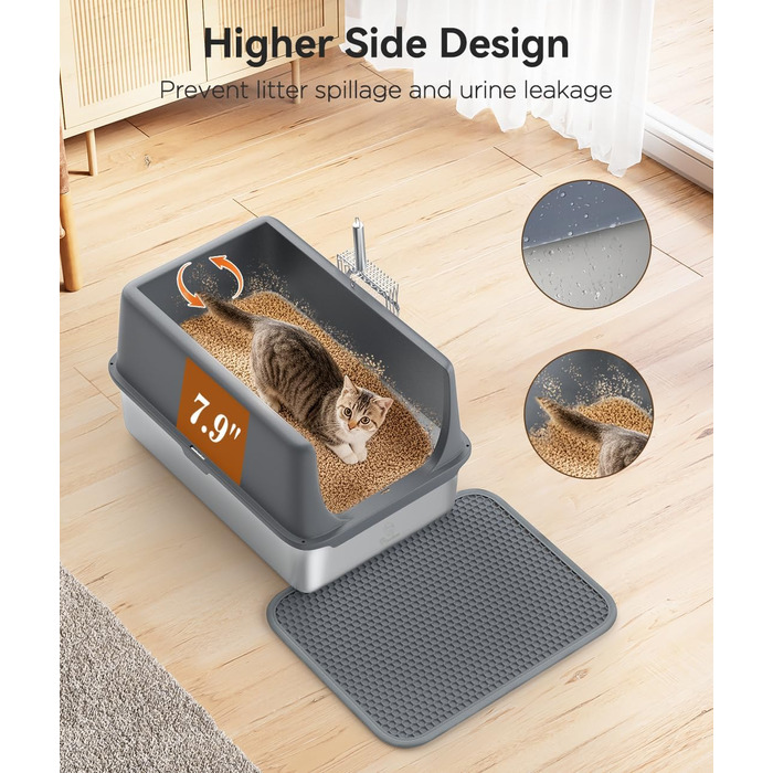 Металева котяча туалетна Pawaboo з кришкою, 60x40,5x32,5 см, велика нержавіюча лоток для котів з високим бортиком, антипригарна, зі совком і килимком для наповнювача