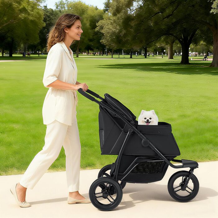 Візок для тварин Costway, розкладний, до 25 кг, для собак та котів, 3 колеса, регульоване сонцезахисне дах, сітчасте вікно, кошик та подушка, чорний