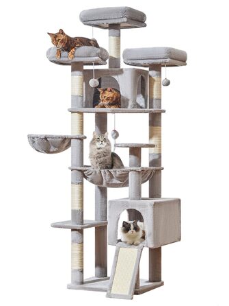 Кігтеточка Taoqimiao 193 см, велика, XXL, з будиночками, гамаком, кошиком та 7 стовпчиками для дряпання, MS047G, сірий колір