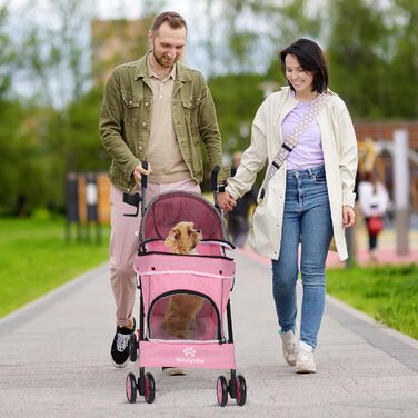 Дитяча коляска 3-в-1 для собак та котів, складана, 6 коліс, сітчаста тканина, рожева