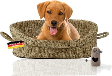 Корзина для собак Rohrschneider з ручками для маленьких та середніх собак | Ручна плетіння з морської трави, посилений високий борт | Знімний, пральний чохол | Розмір 1 (70 x 60 см)