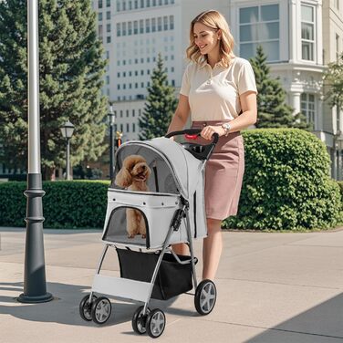 GYMAX Візок для домашніх тварин, складний, для котів/собак до 15 кг, з кошиком, дощовиком та сіткою, для маленьких тварин (сірий)