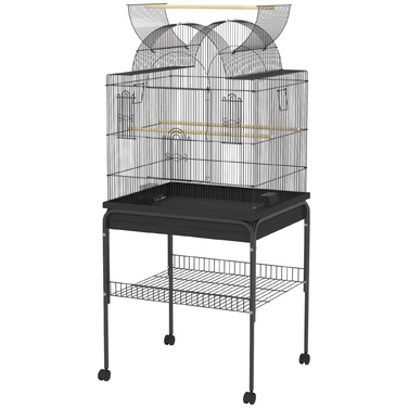PawHut Birdcage Велика клітка для папуги з піддоном, лоток, станція для годування, шпаківня з коліщатками для канарок, сталь 63 x 53 x 144 см Чорний | Аосом