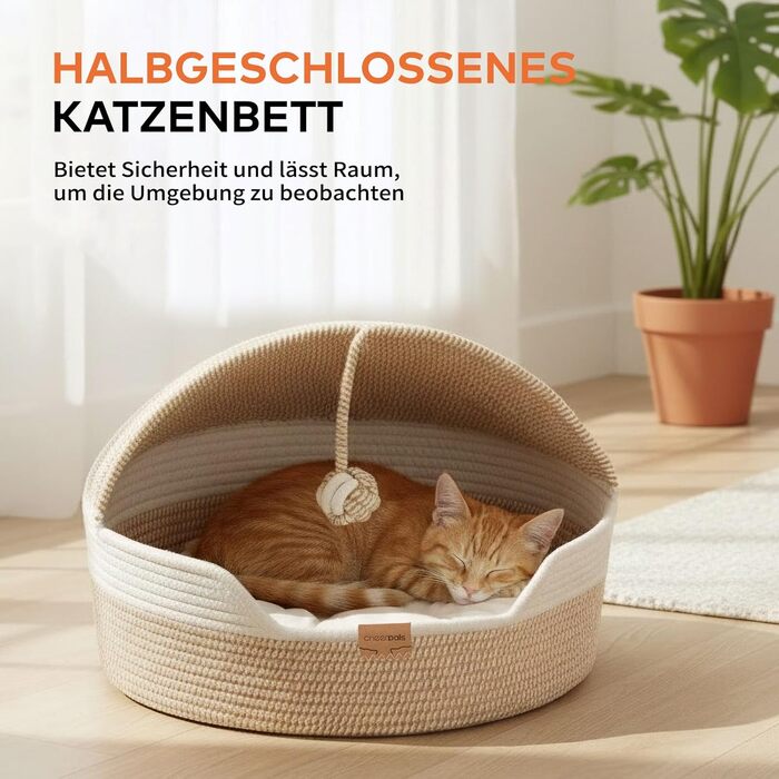 Кошик для котів CheerPals з подушкою, 47 см, бежевий. Плетений з бавовняних мотузок, миється, для сну котів, універсальний, для всіх сезонів